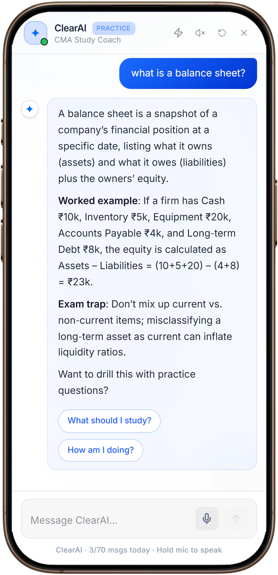 ClearAI study coach showing worked examples, exam traps, and interactive explanations.